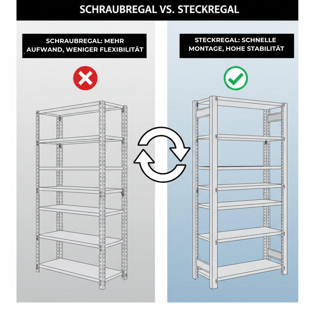 Fachbodenregal Schraubregal vs. Steckregal was ist der Unterschied