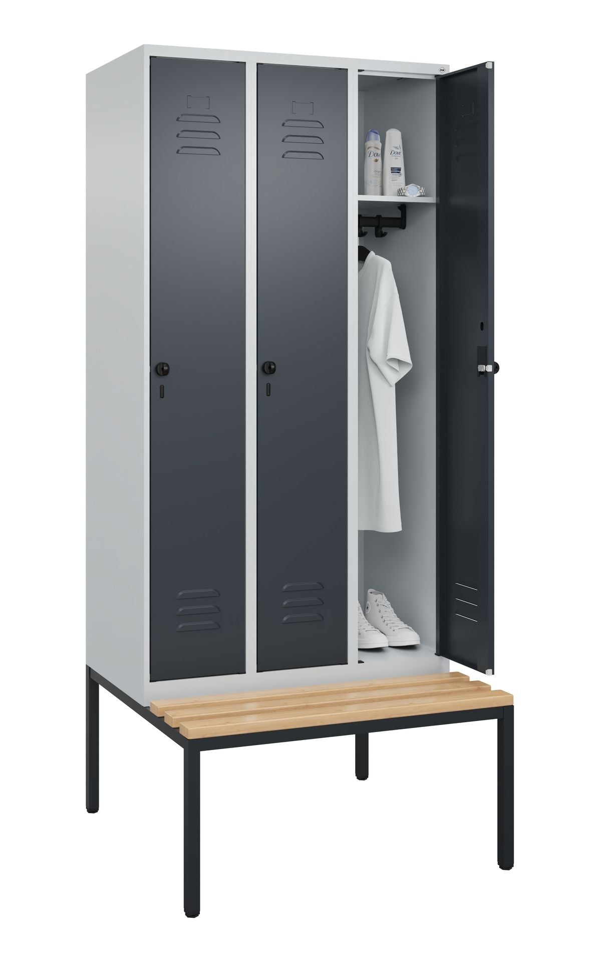 Spind 3 Abteile mit Sitzbank