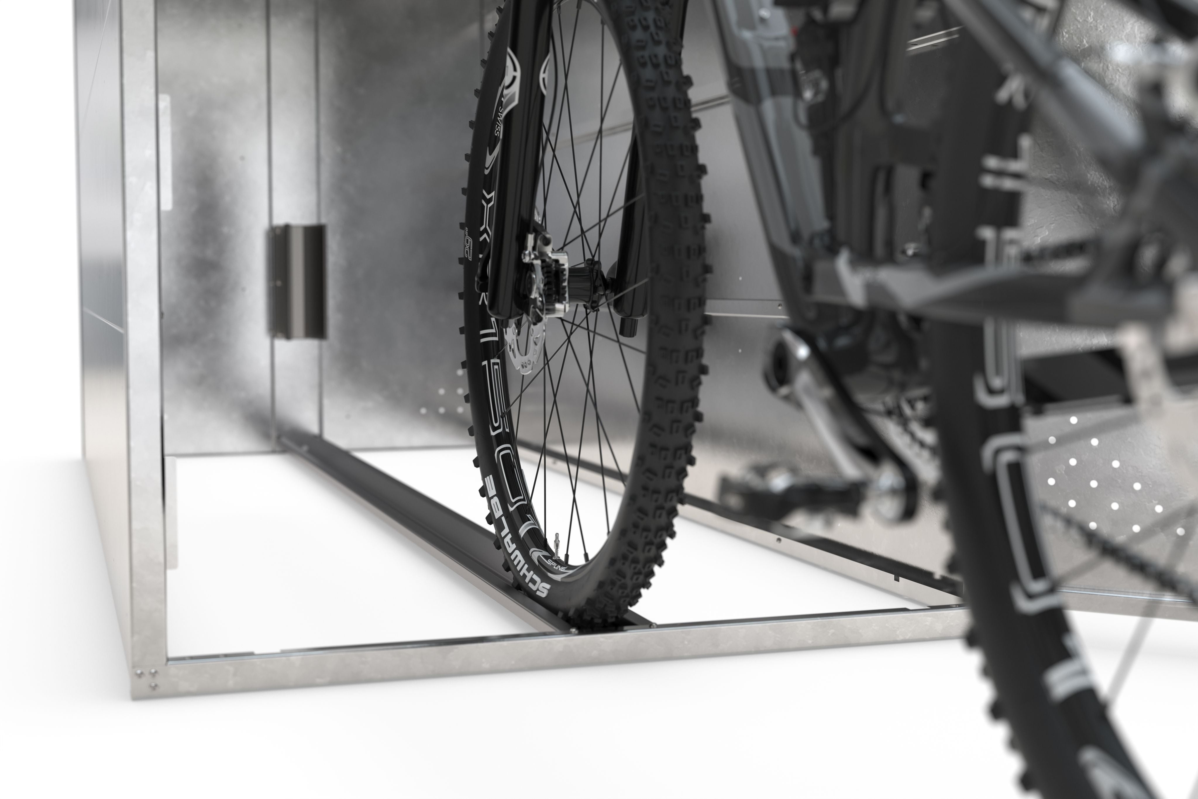 Reifenhalterung einer Fahrradgarage im Detail