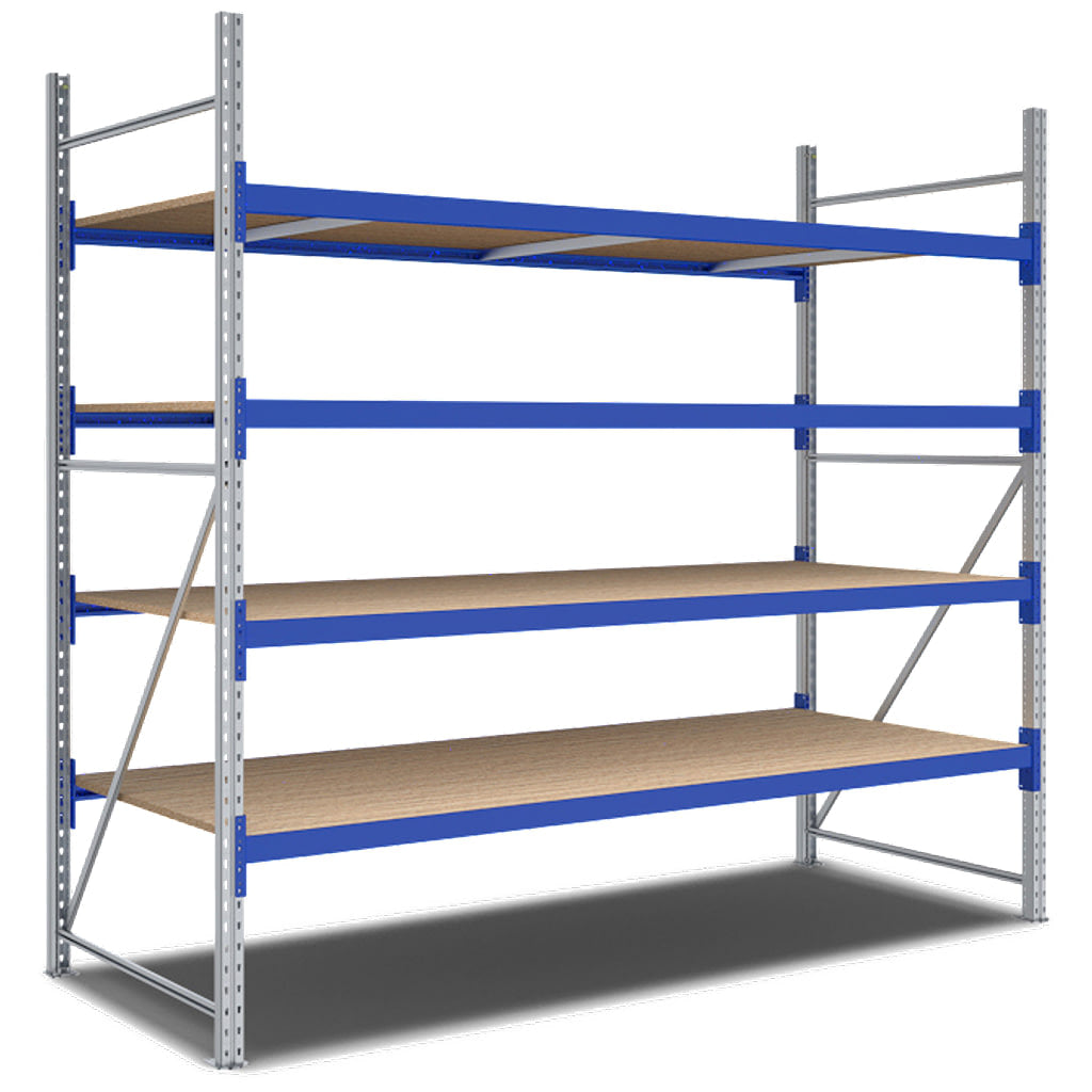Weitspannregal System Flex von BITO mit Holzböden und 4 Lagerebenen