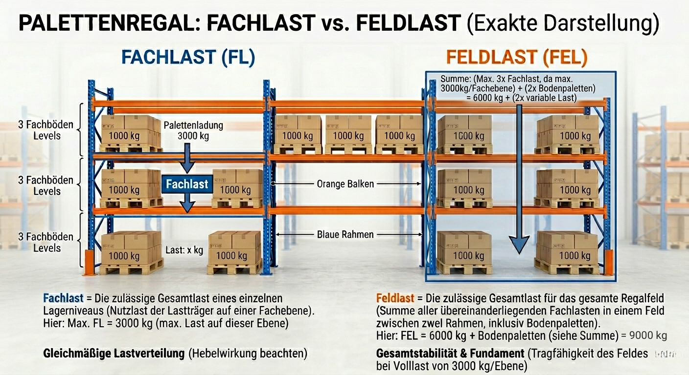 Unterschied zwischen Fachlast und Feldlast bei einem Palettenregal