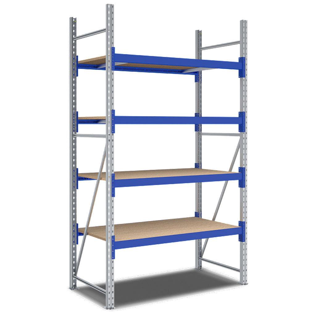Weitspannregal System Flex von BITO mit Holzböden und 4 Lagerebenen