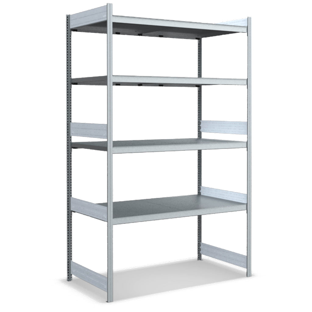 Großfachregal mit Stahlböden in glanzverzinkter Ausführung