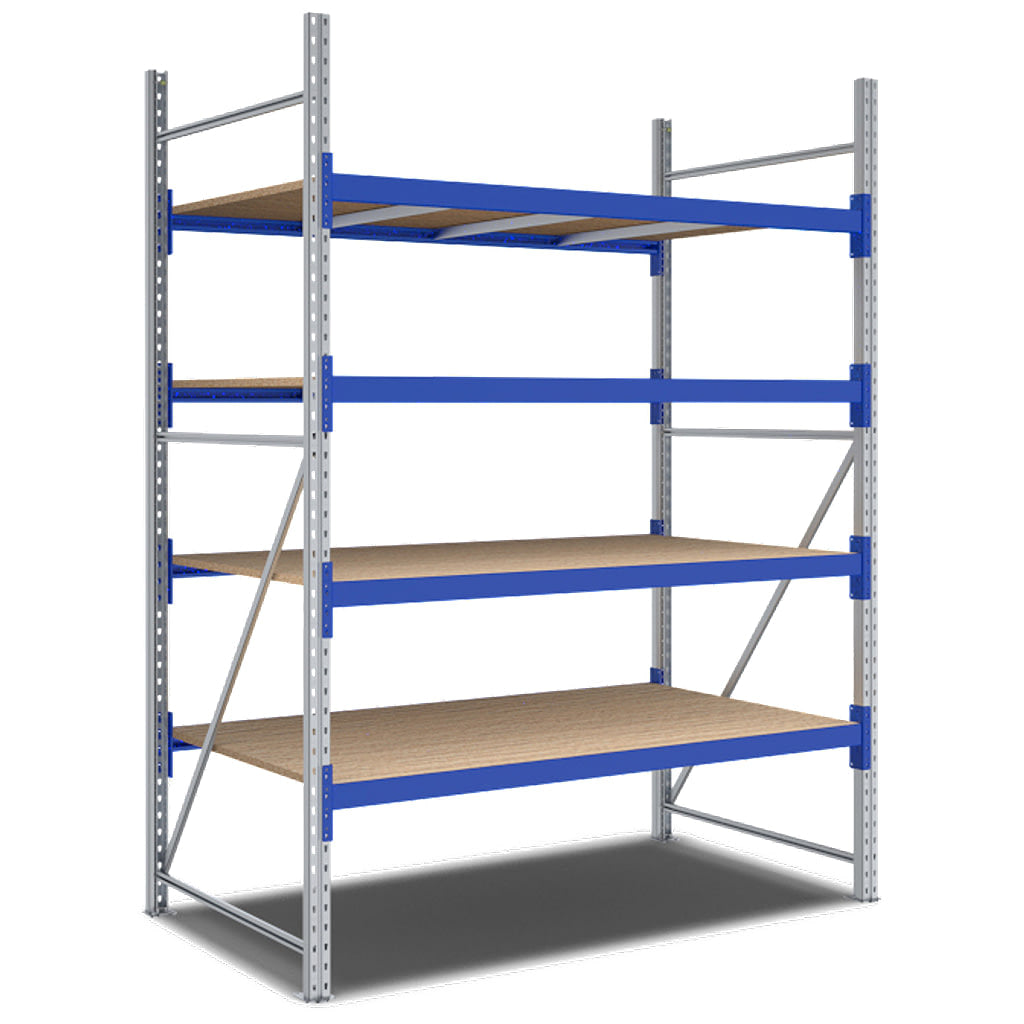 Weitspannregal System Flex von BITO mit Holzböden und 4 Lagerebenen