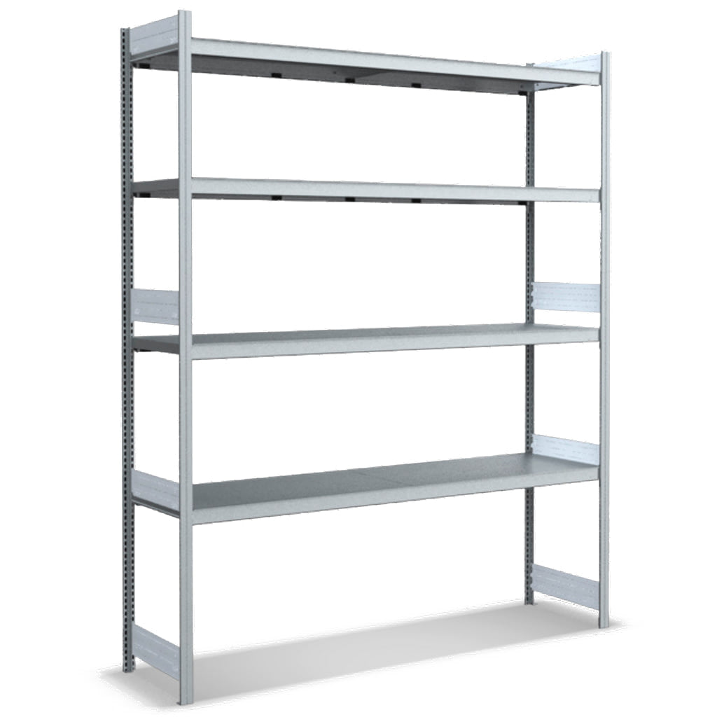 Großfachregal mit Stahlböden in glanzverzinkter Ausführung