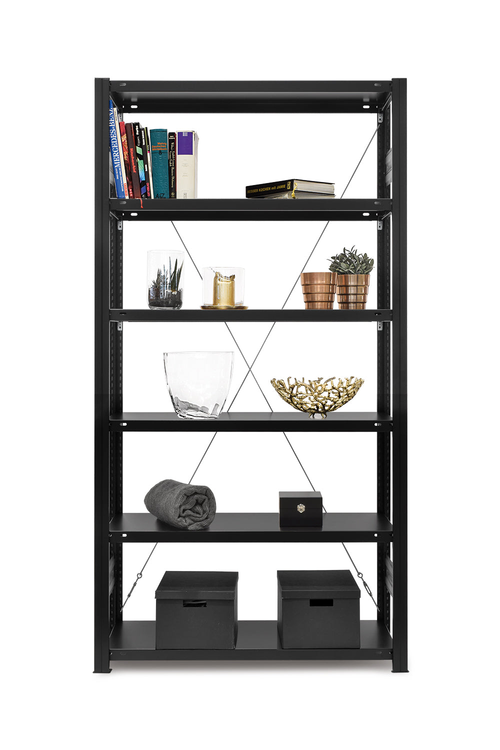 Fachbodenregal Wohnregal als Grundregal in schwarz pulverbeschichtet mit Diagonalstreben