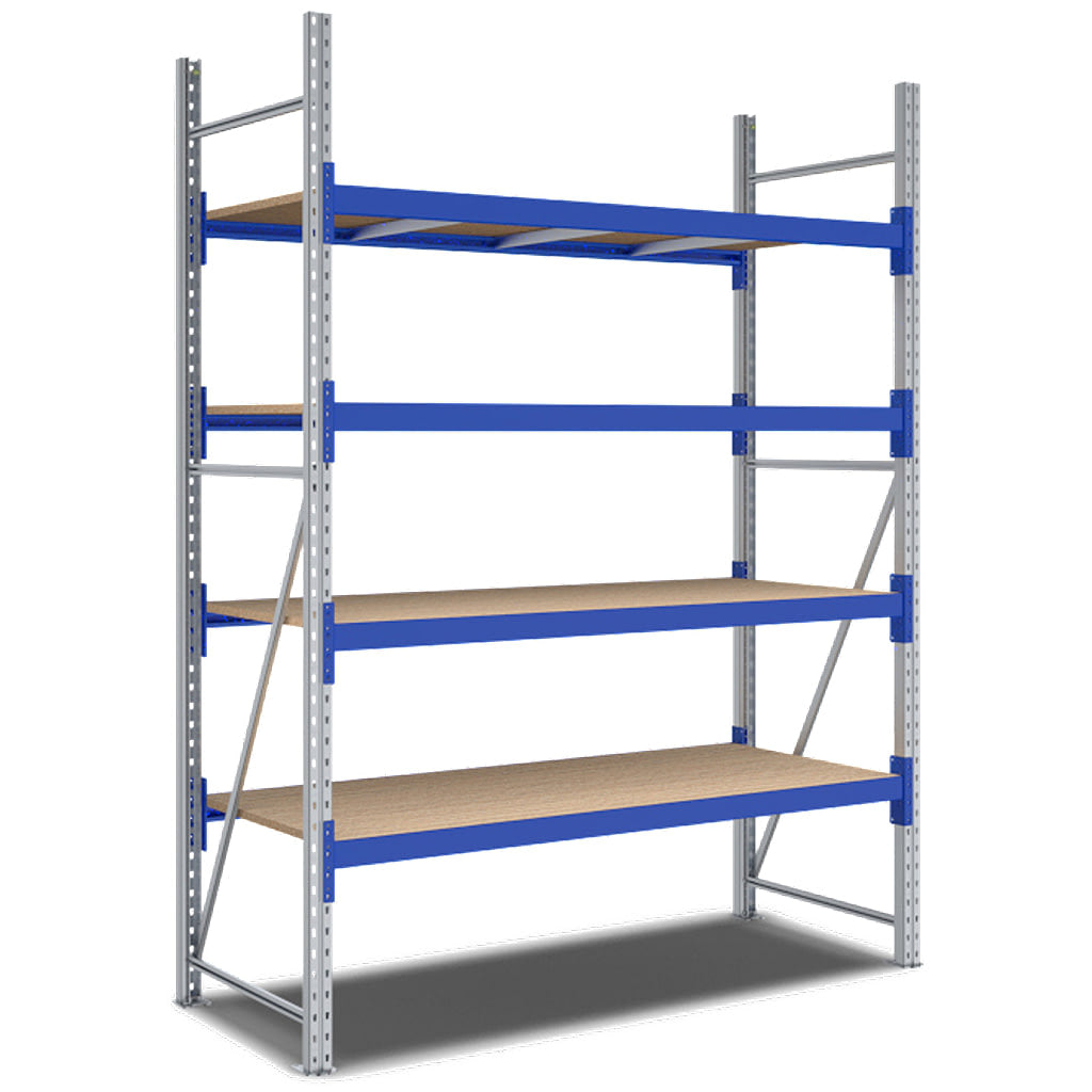 Weitspannregal System Flex von BITO mit Holzböden und 4 Lagerebenen