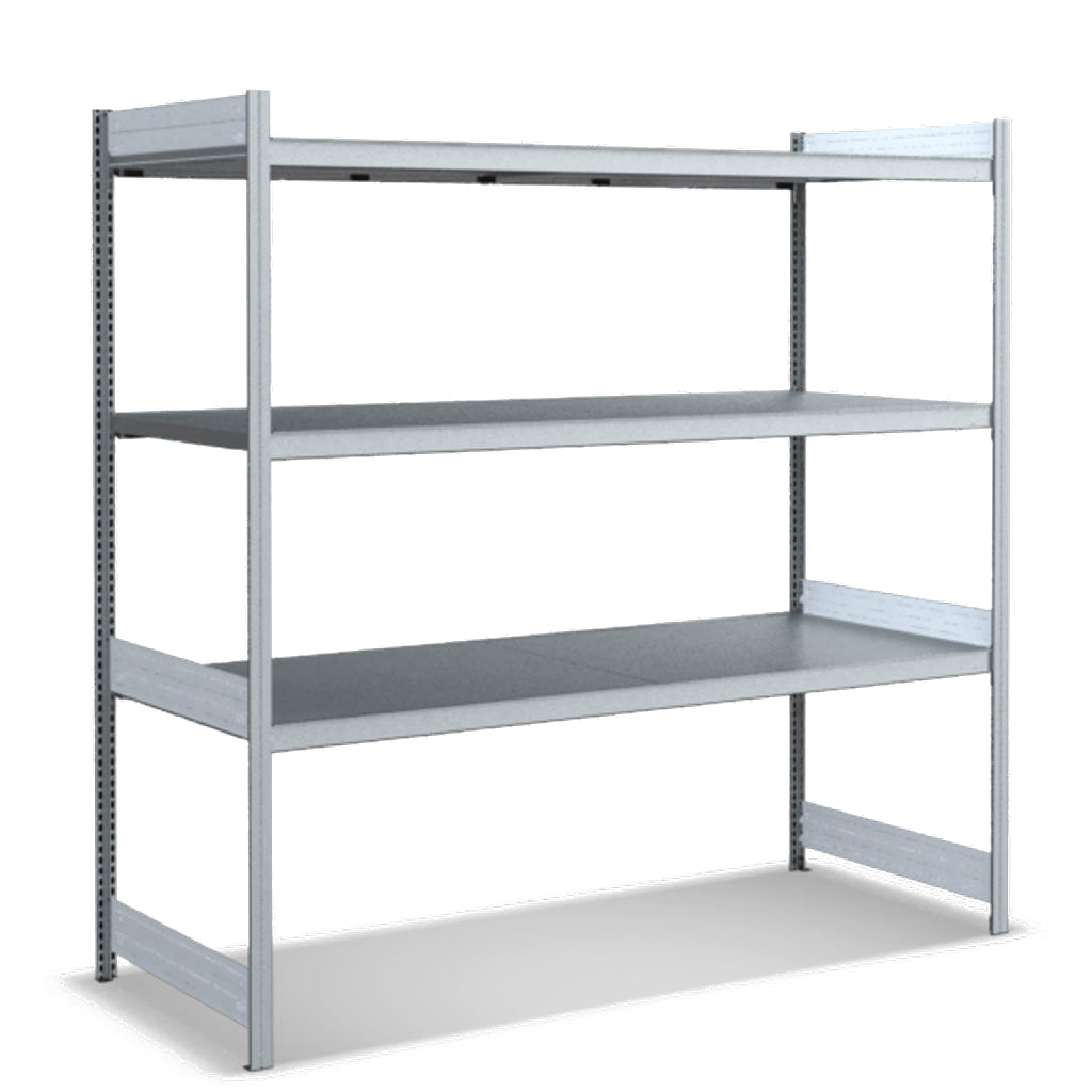 Großfachregal mit Stahlböden in glanzverzinkter Ausführung
