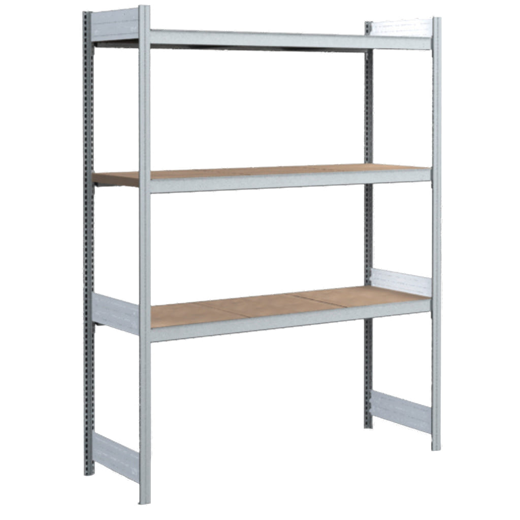 Großfachregale mit Spanplattenböden
Grundregal glanzverzinkte Ausführung