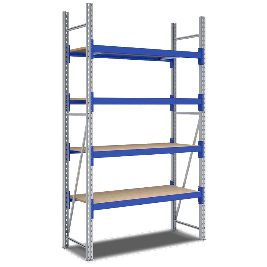 Weitspannregal System Flex von BITO mit Holzböden und 4 Lagerebenen