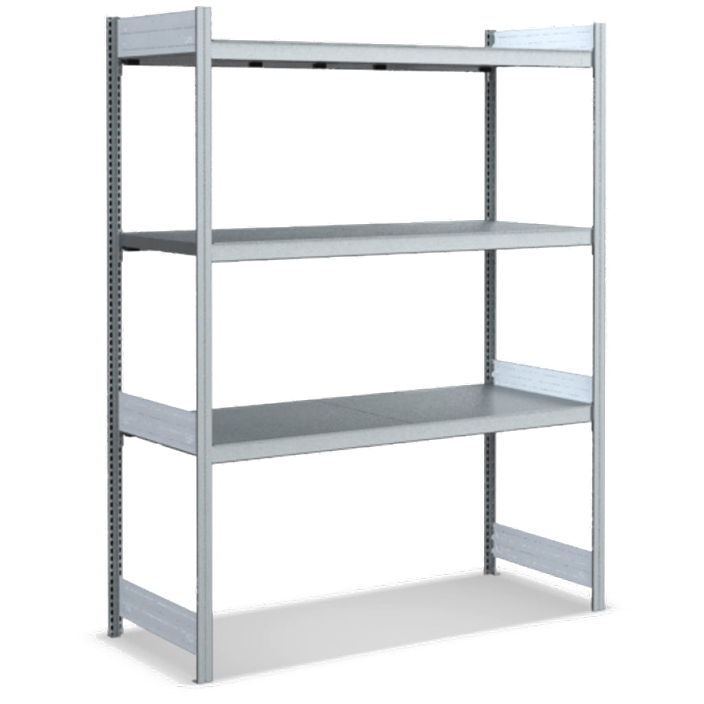 Großfachregal mit Stahlböden in glanzverzinkter Ausführung