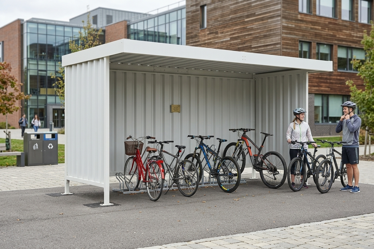 Fahrradunterstand WSM Leipzig L14 GE2302, grauweiß, aus Metall
3 Wände aus Metall Maße 430 x 220cm (B/T)