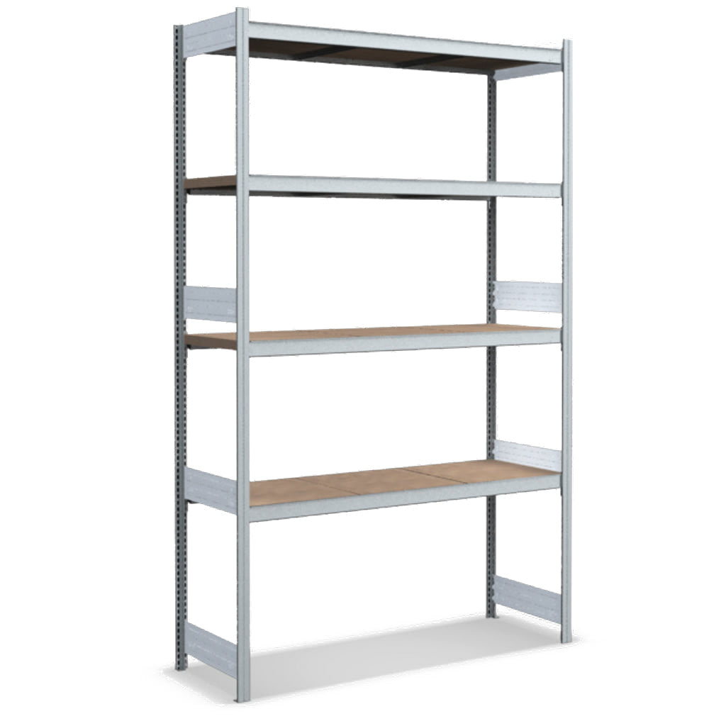 Großfachregale mit Spanplattenböden
Grundregal glanzverzinkte Ausführung
