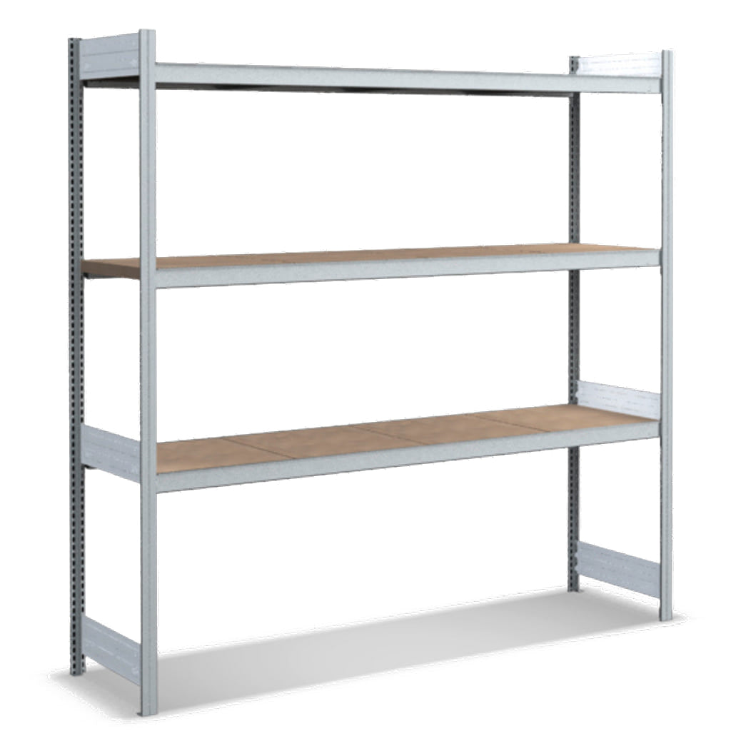 Großfachregale mit Spanplattenböden
Grundregal glanzverzinkte Ausführung