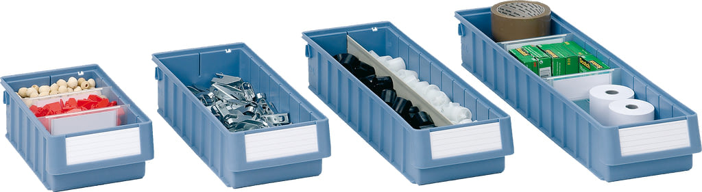 Regalkasten für die Einlagerung von Kleinteilen in taubenblau