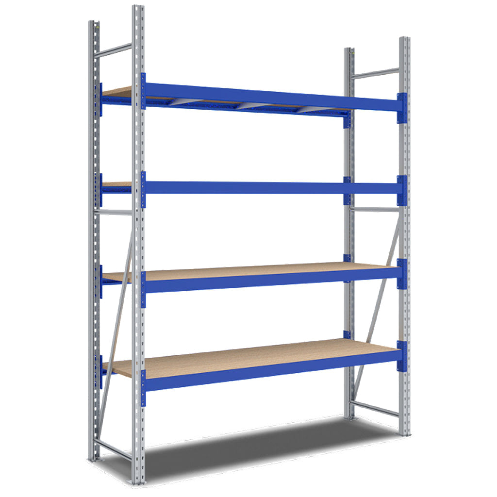 Weitspannregal System Flex von BITO mit Holzböden und 4 Lagerebenen