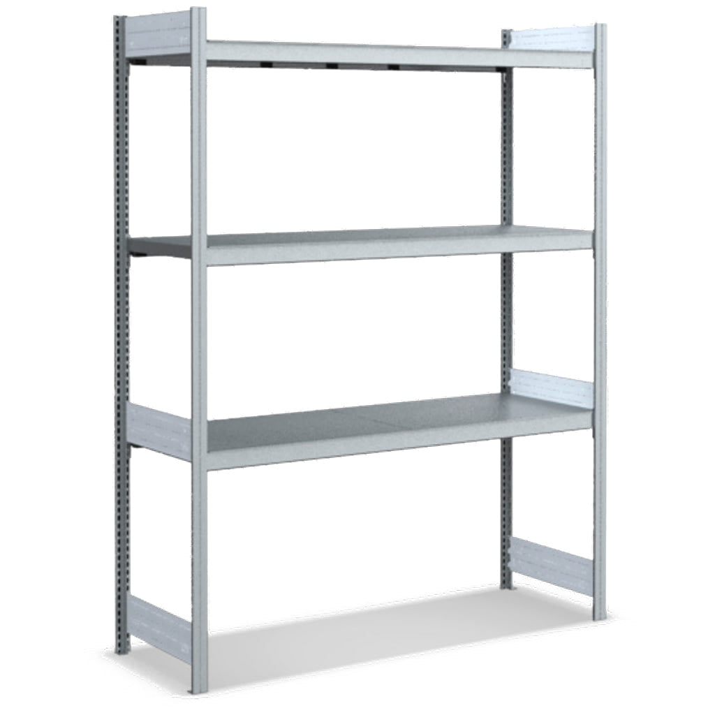 Großfachregal mit Stahlböden in glanzverzinkter Ausführung