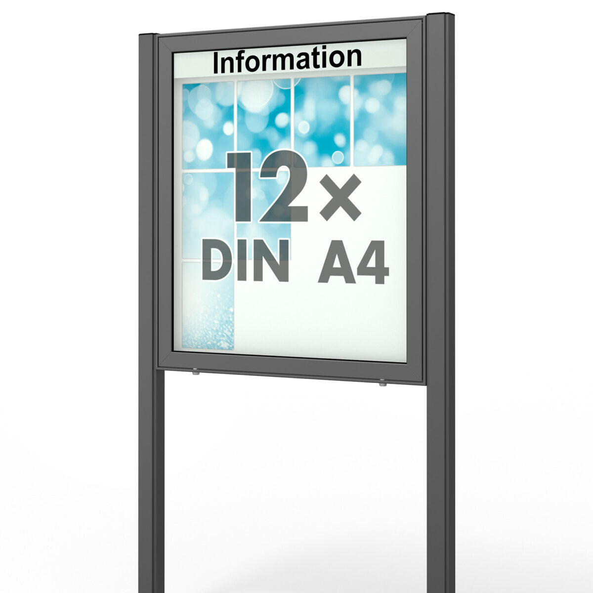 Freistehender Schaukasten PLANUS 65 E für 12 DIN-A4-Blätter in Anthrazit DB 703 mit zwei Standbeinen