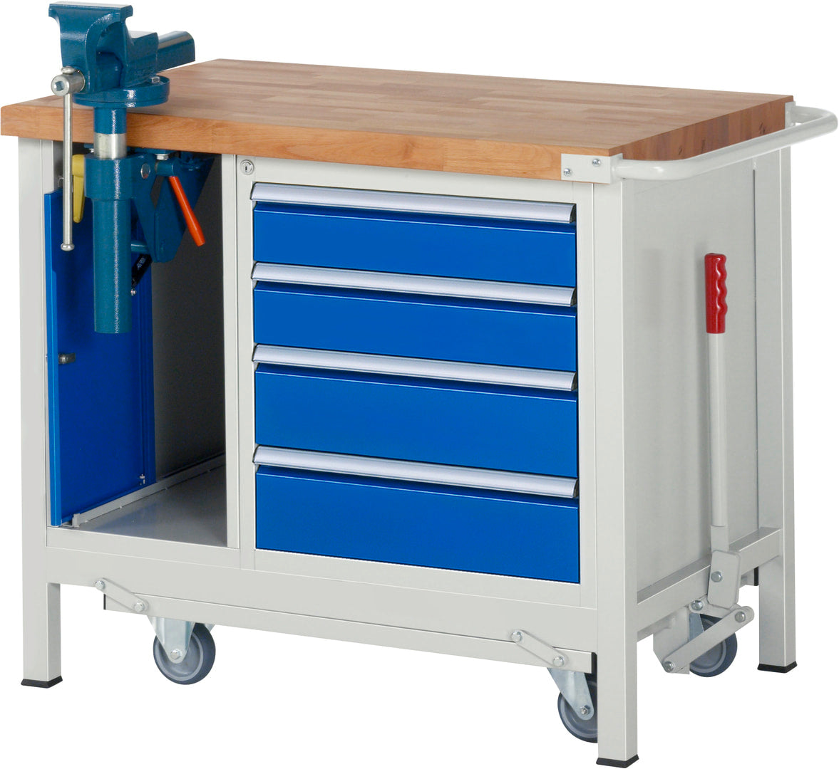 Mobile absenkbare Werkbank mit Schraubstock - 4 Schubladen
