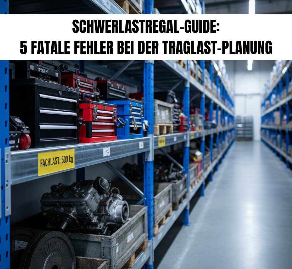 Ein stabiles Schwerlastregal mit hoher Fachlast in einer Werkstatt