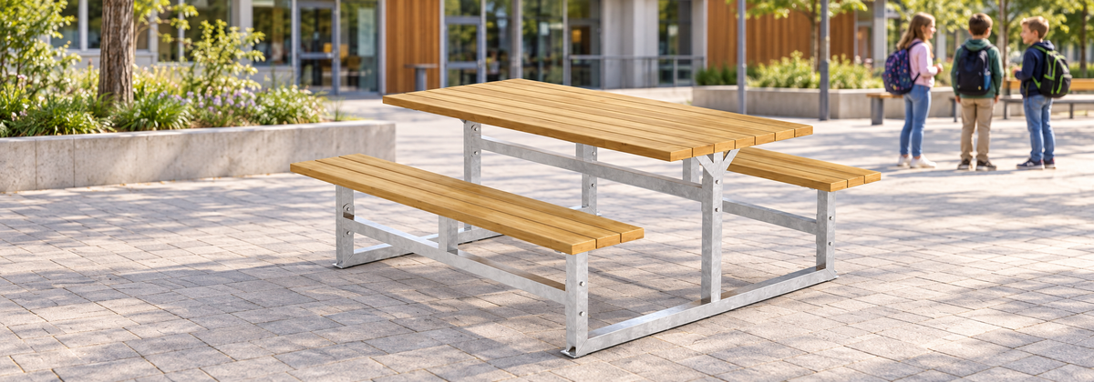 Picknicktisch aus echtem Holz auf einem Schulhof