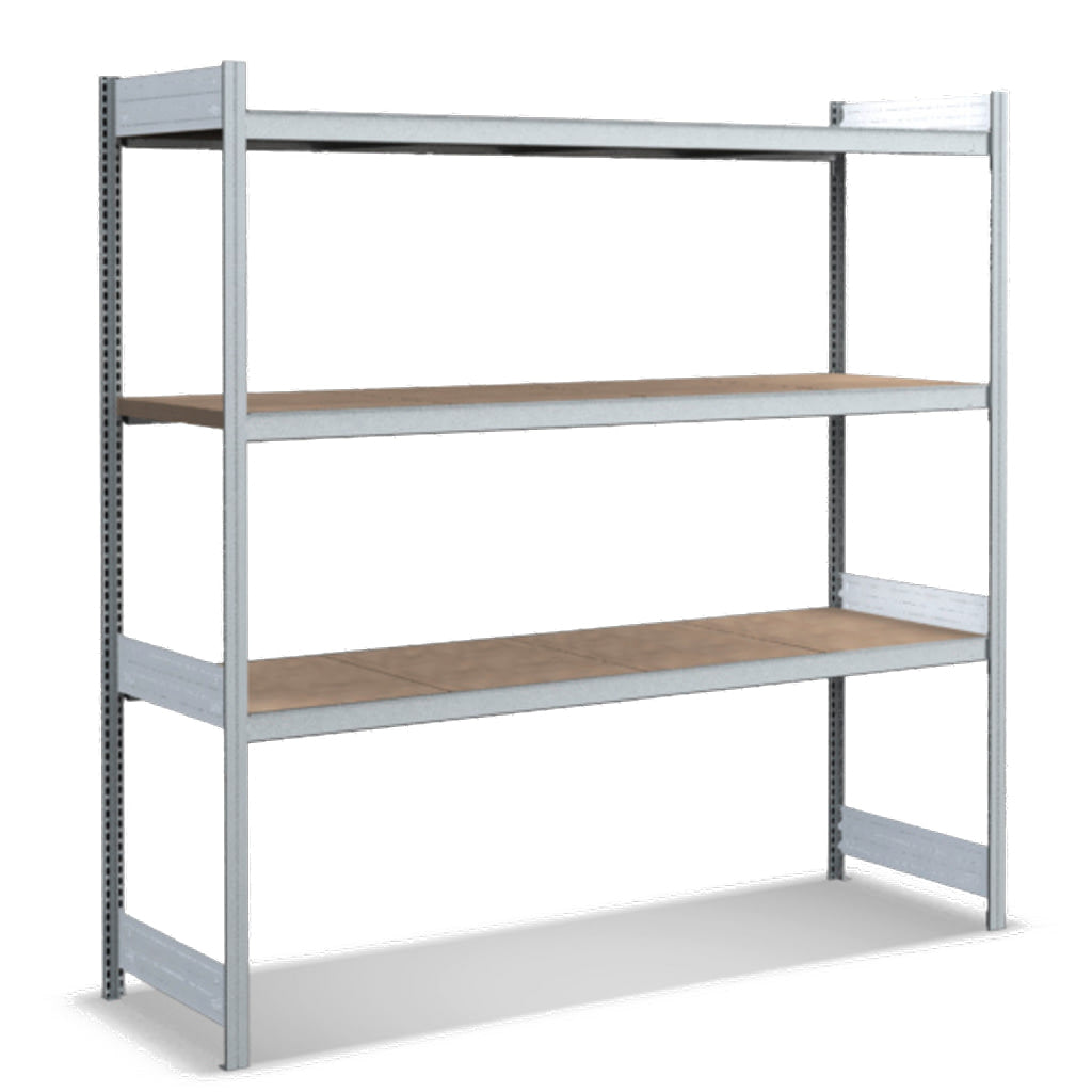 Großfachregale mit Spanplattenböden
Grundregal glanzverzinkte Ausführung