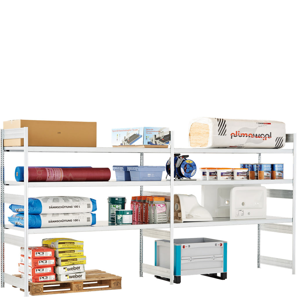 Großfachregal mit Stahlböden in glanzverzinkter Ausführung