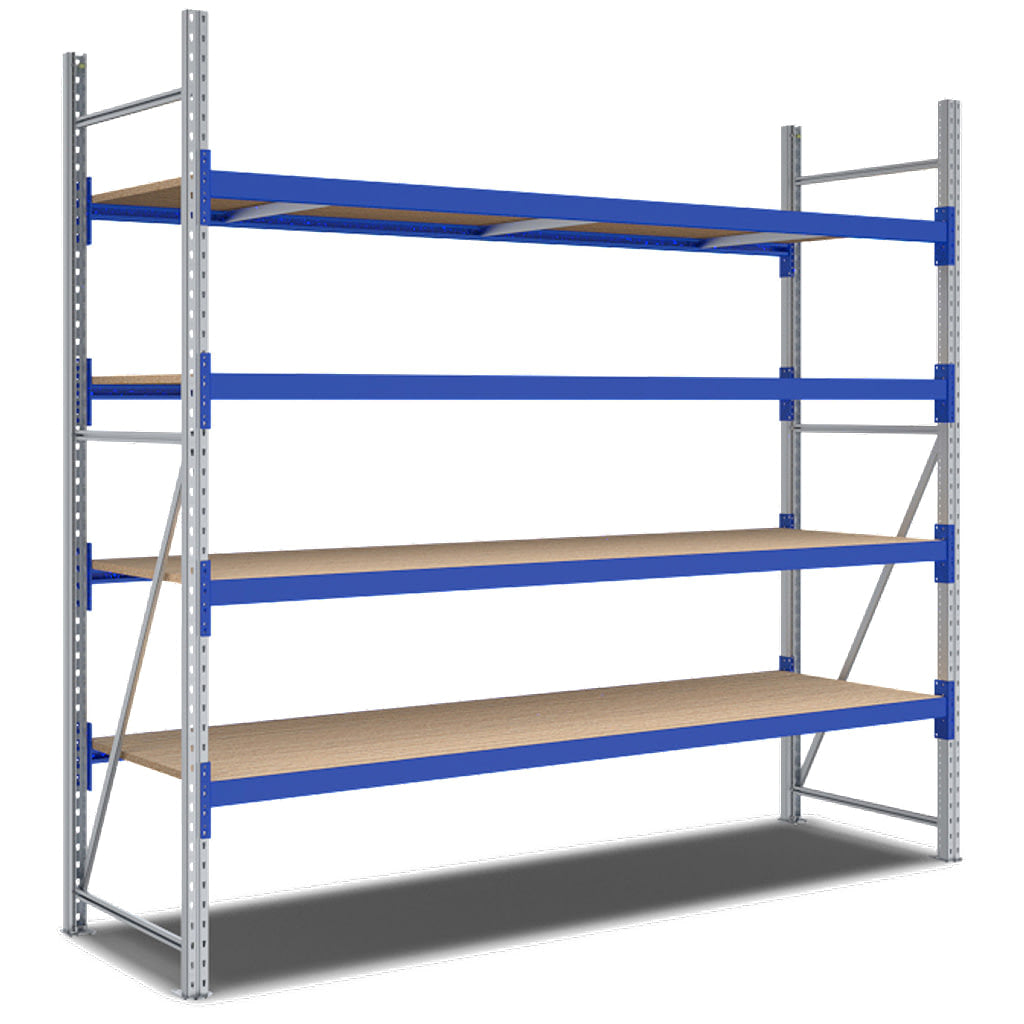 Weitspannregal System Flex von BITO mit Holzböden und 4 Lagerebenen
