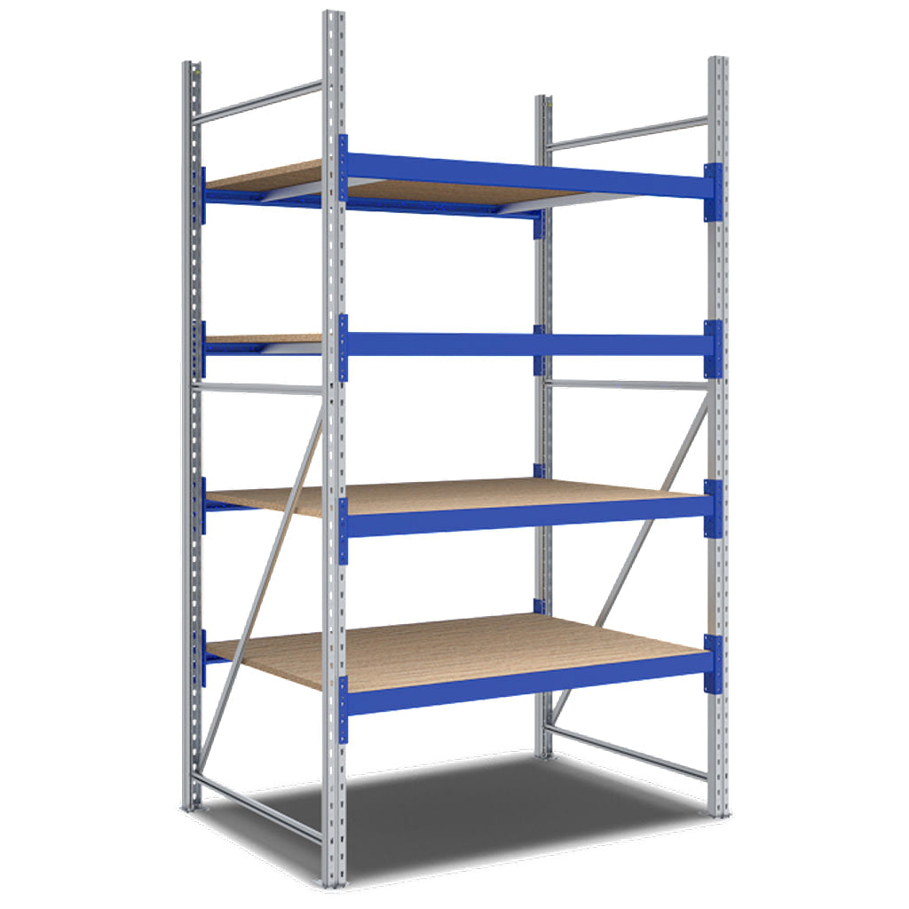 Weitspannregal System Flex von BITO mit Holzböden und 4 Lagerebenen
