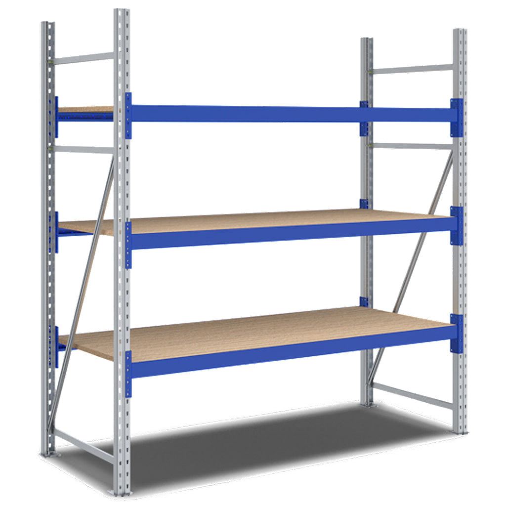 Weitspannregal System Flex von BITO mit Holzböden und 3 Lagerebenen