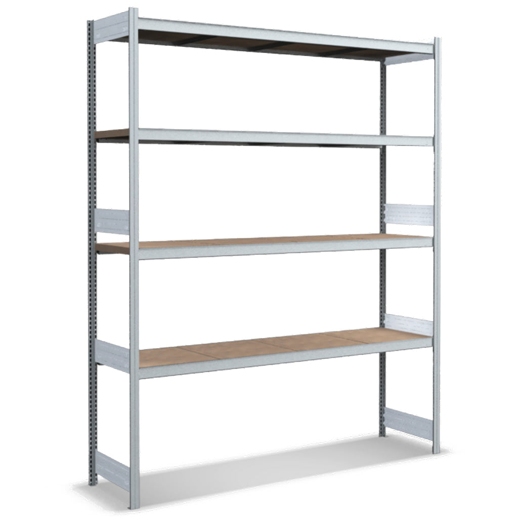 Großfachregale mit Spanplattenböden
Grundregal glanzverzinkte Ausführung