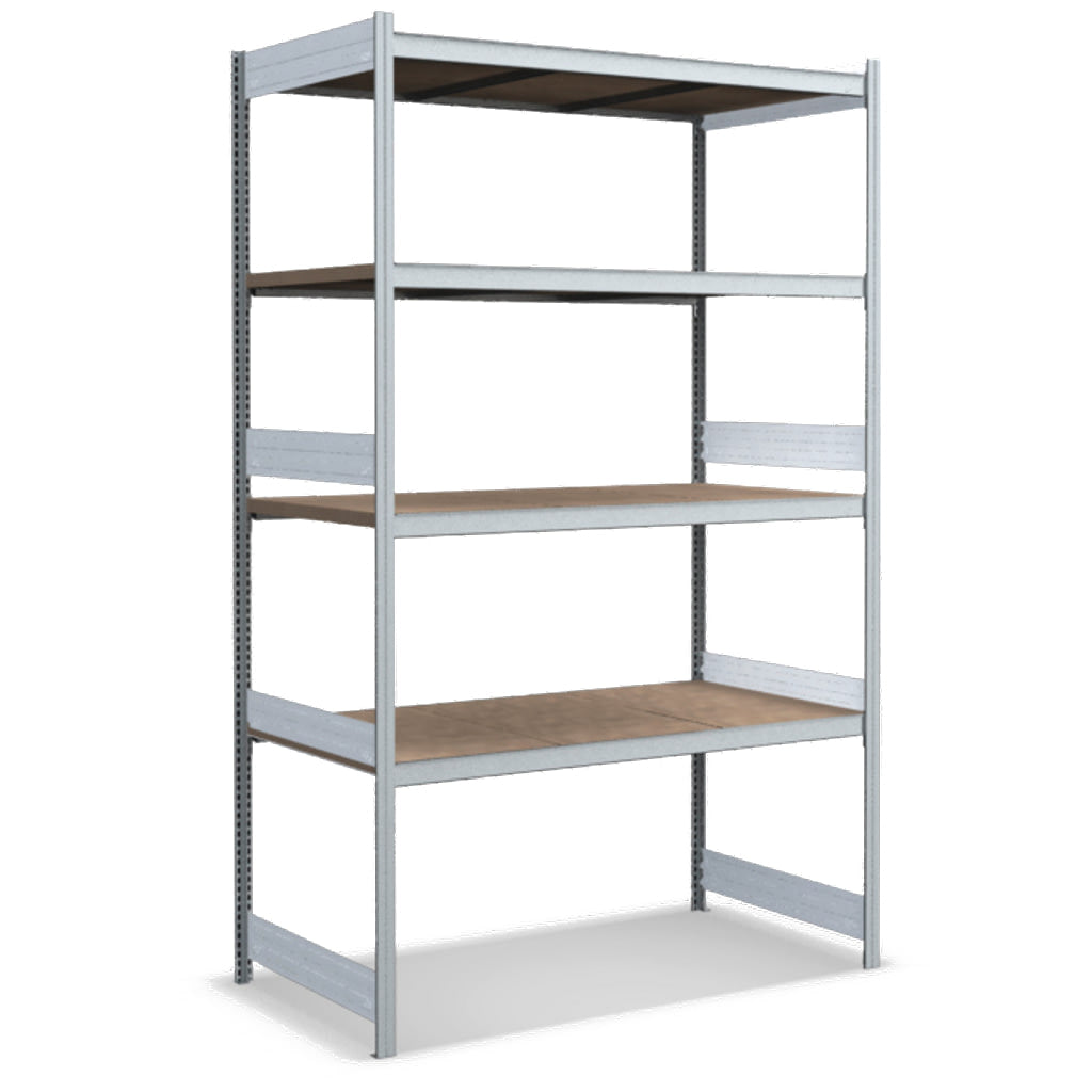 Großfachregale mit Spanplattenböden
Grundregal glanzverzinkte Ausführung