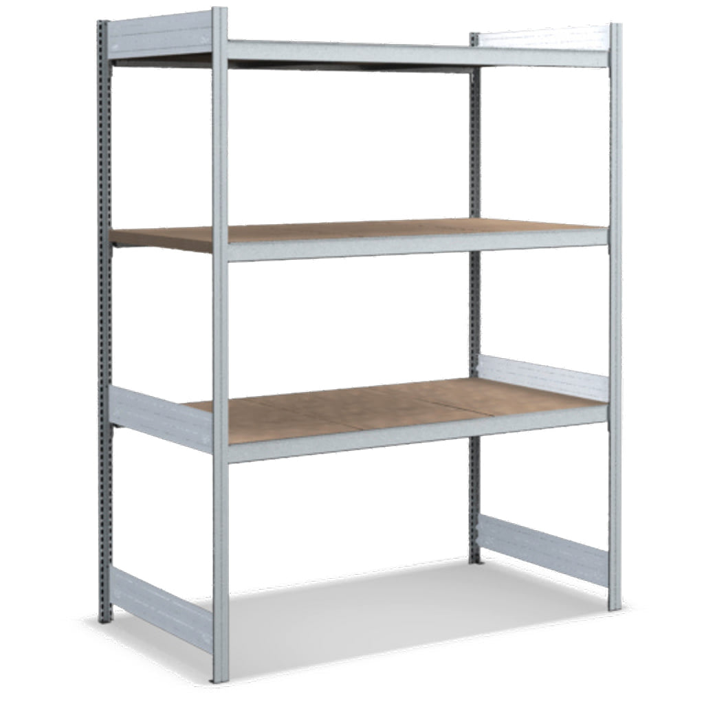 Großfachregale mit Spanplattenböden
Grundregal glanzverzinkte Ausführung