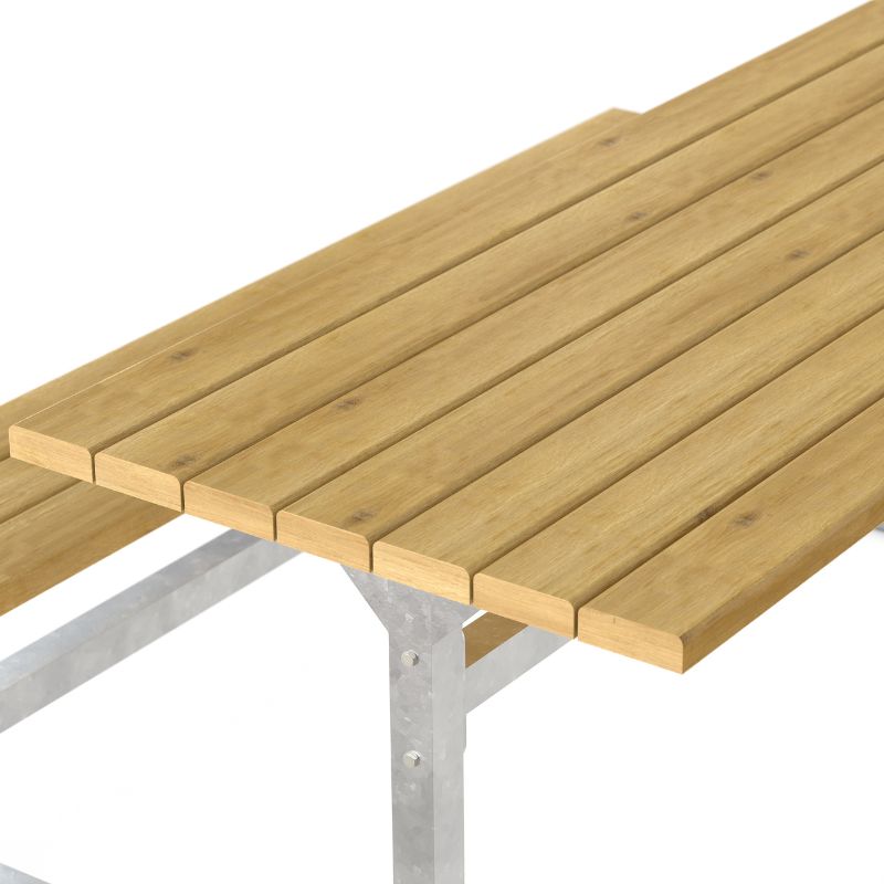 Picknicktisch aus Stahl und echtem Holz herangezoomt