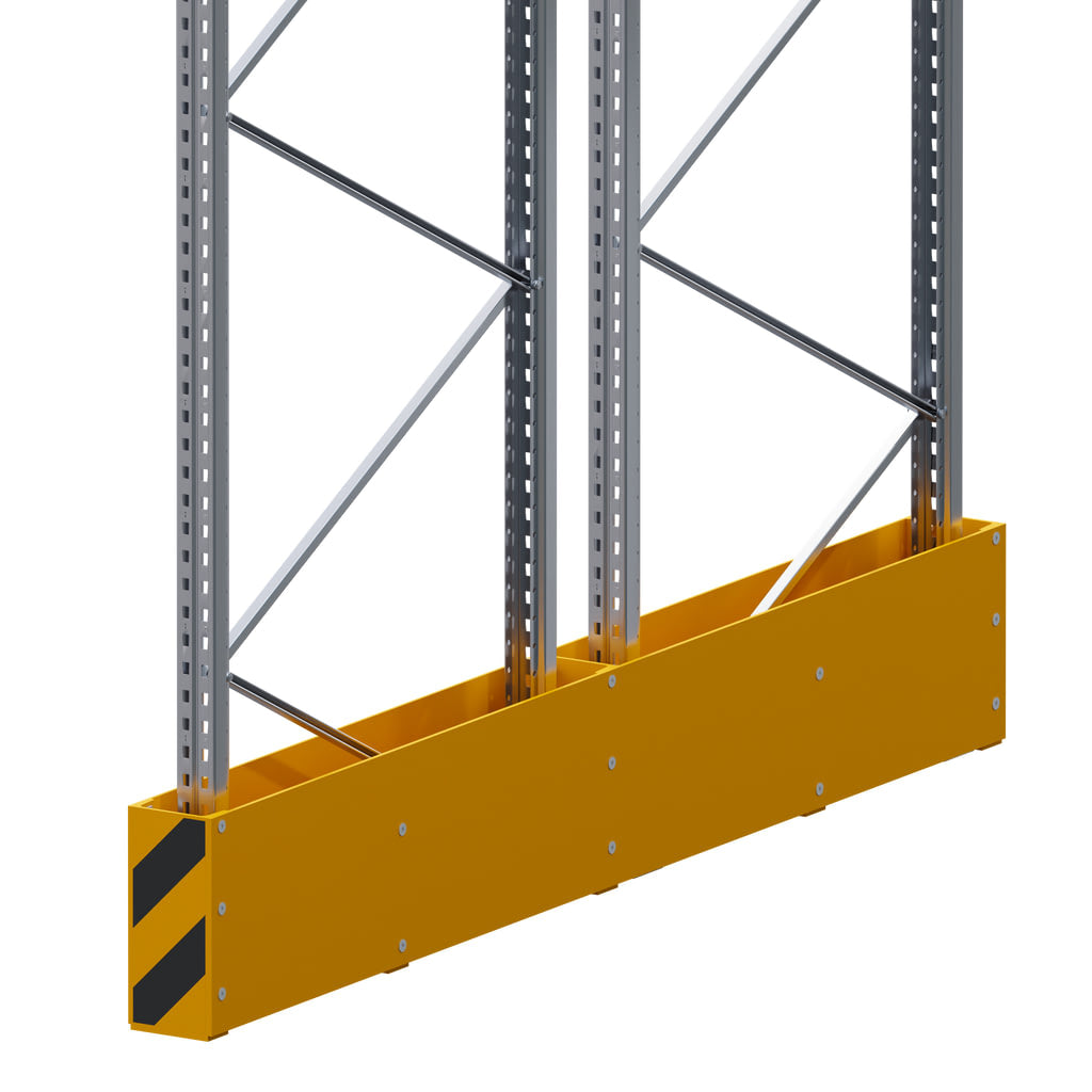 Massive Schutzplanken
für doppelte Regalreihen