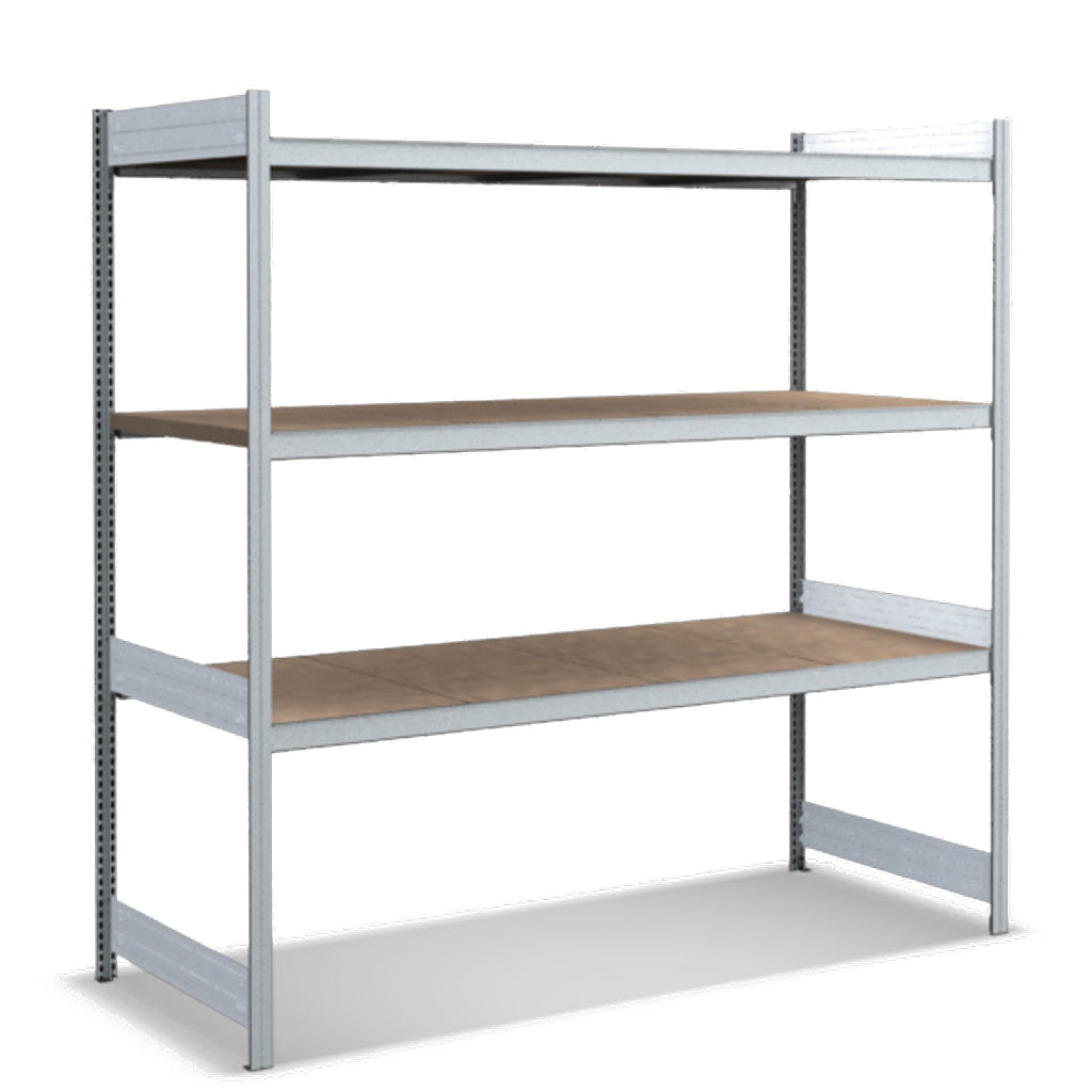 Großfachregale mit Spanplattenböden
Grundregal glanzverzinkte Ausführung