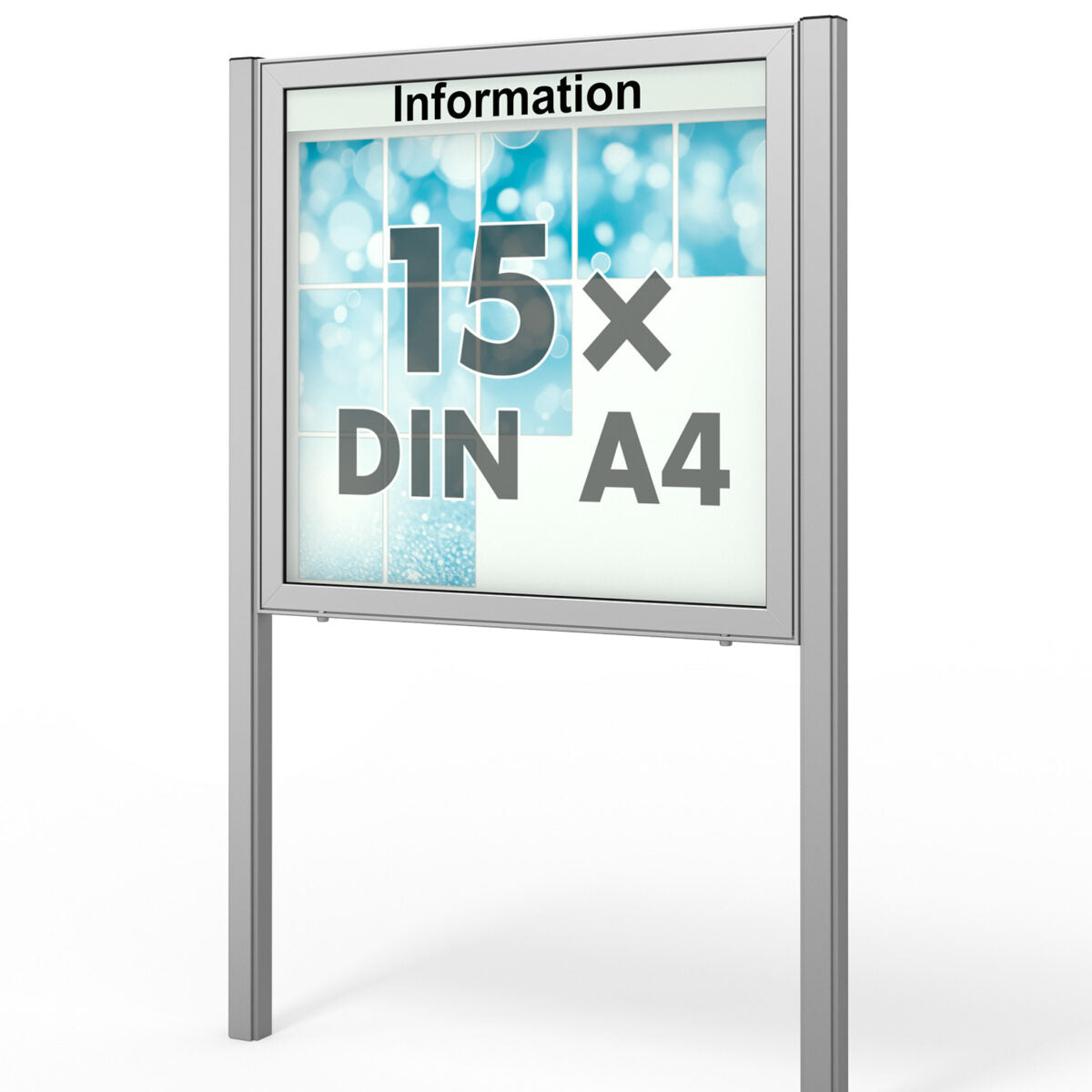 Schaukasten außen freistehend PLANUS 65 E | 15 × DIN A4 mit Standbeinen | Silber und Anthrazitgrau