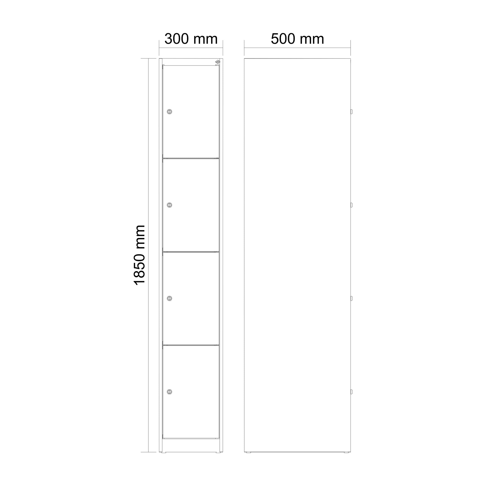 Schließfachschrank Evolo PLUS, 4 Fächer, 1850x300x500mm , Zeichnung