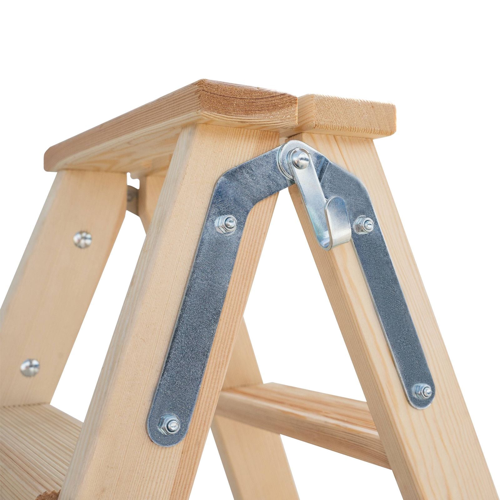 Stufen-Stehleiter beidseitig begehbar Holz 2 x 3 Stufen Detail Scharnier